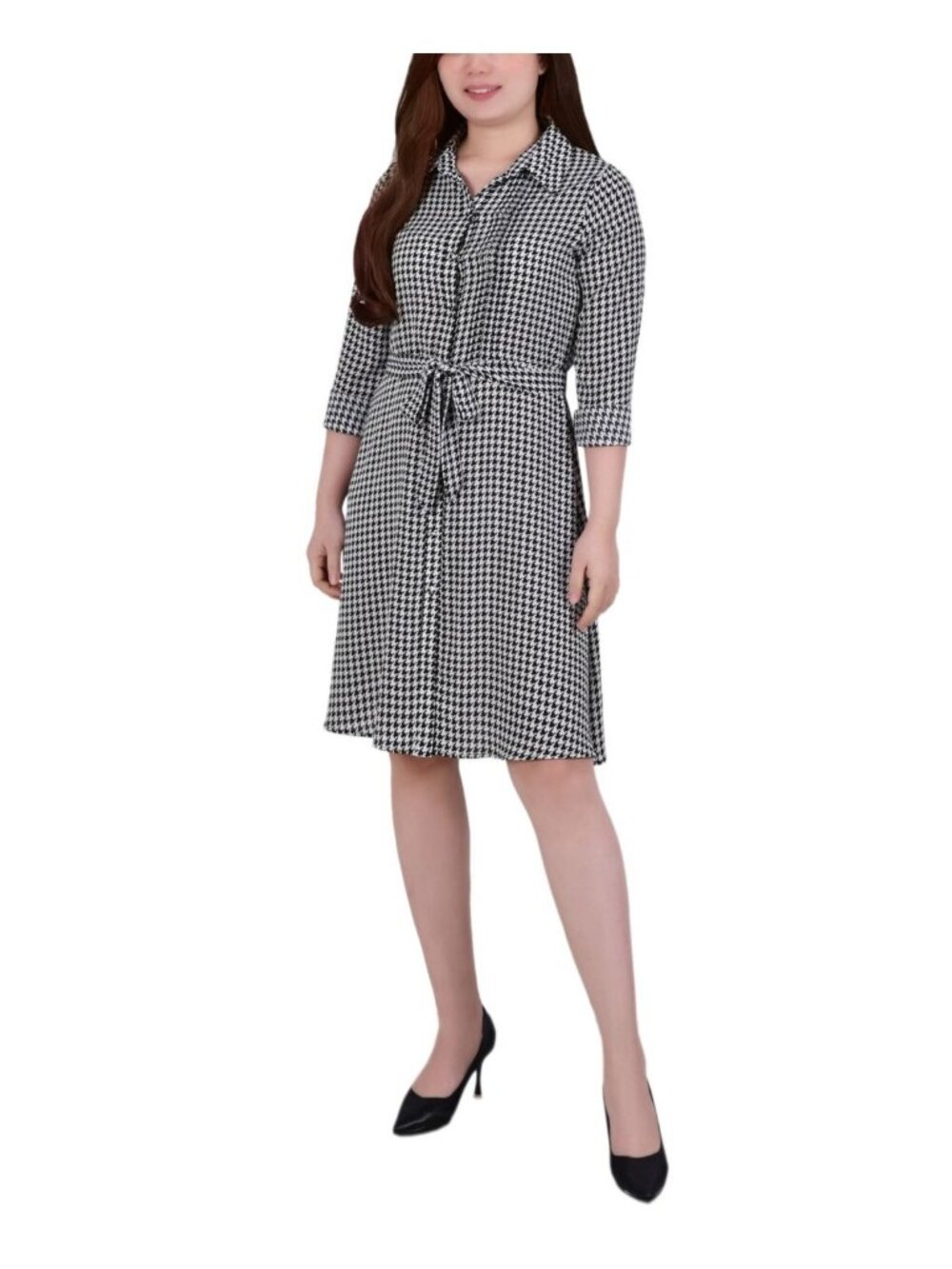 NY Collection Womens Petite Crepe Printed Shirt Dress Black White Size PS NWT